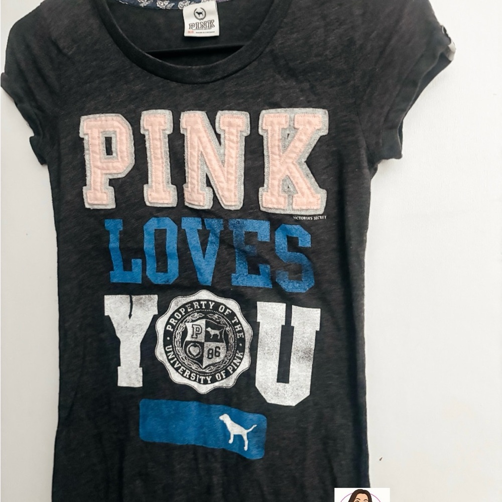 PINK Victoria's Secret Grey and Blue Short Sleeve Tee